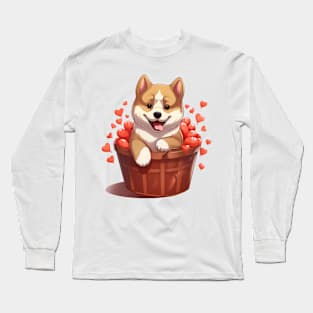 Cartoon Akita Dog in Hearts Basket Long Sleeve T-Shirt